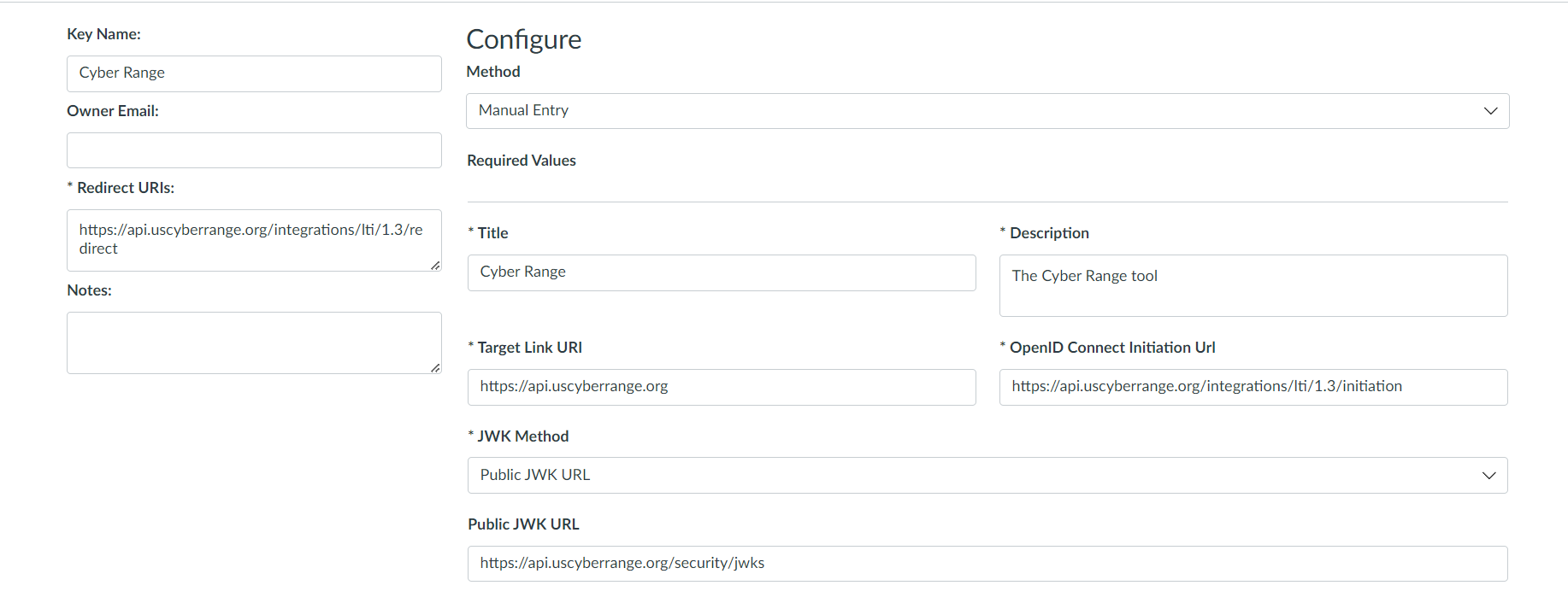 You can choose any Title or Description for the LTI key. In this demo, we use Cyber Range for the title and The Cyber Range Tool as the description.