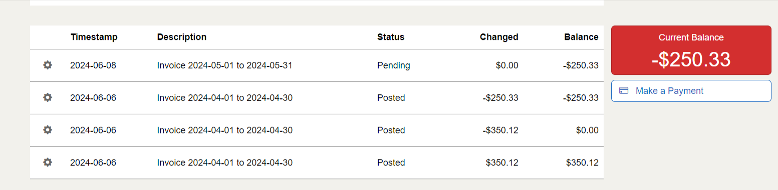 The Billing page includes plan rates, invoice notifications, current balance, and balance activity.