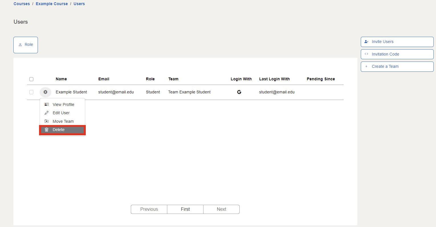 The Delete button is available upon clicking the gear icon located to the left of the user's display name.