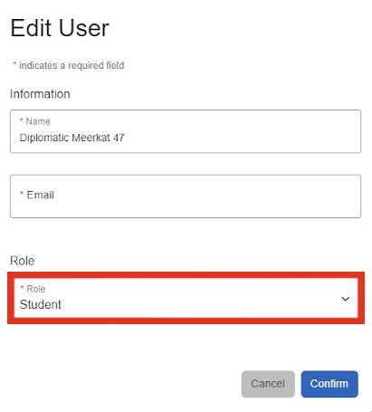 The "Edit User" dialog box is displayed showing the roles of "Student" and "TA" available for selection. The "CONFIRM" button is in the bottom corner located to the right of the "CANCEL" button.