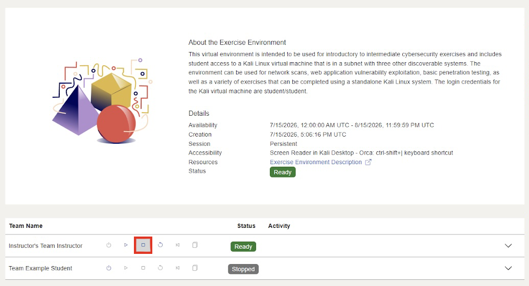 The exercise environment stop button is located towards the bottom of the screen, to the right of the Start button.