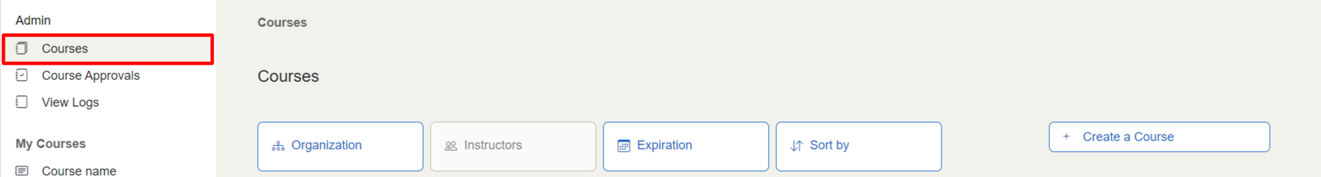The button to navigate to the Courses page is underneath the Admin tab on the left side of the screen.