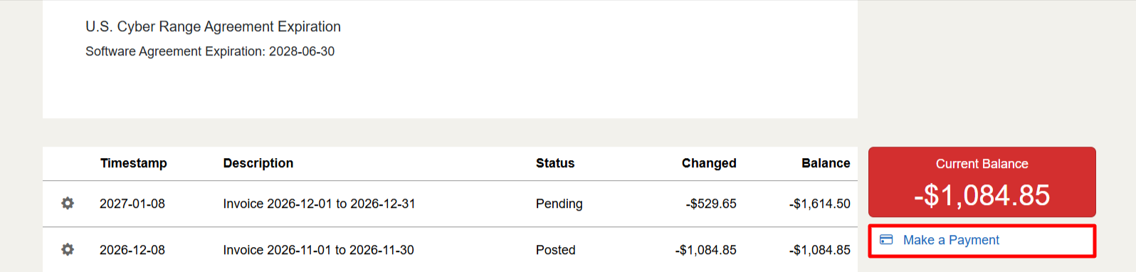 Make a Payment button is located below the current balance.