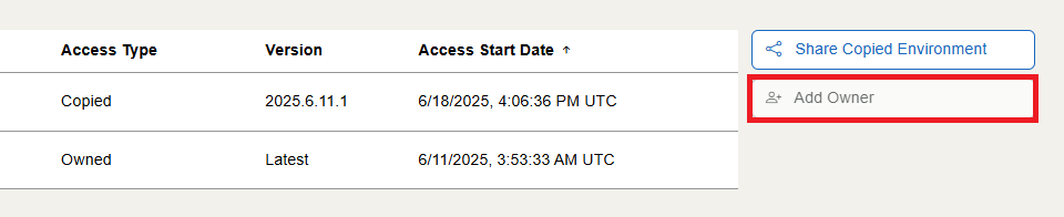 The Add Owner button is at the bottom of the details page of a copied environment, under the Share Copied Environment button.