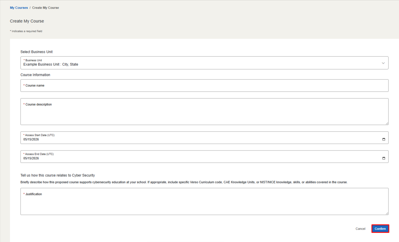 The course info form consists of a school or business unit, course name, description, and access start and end dates.