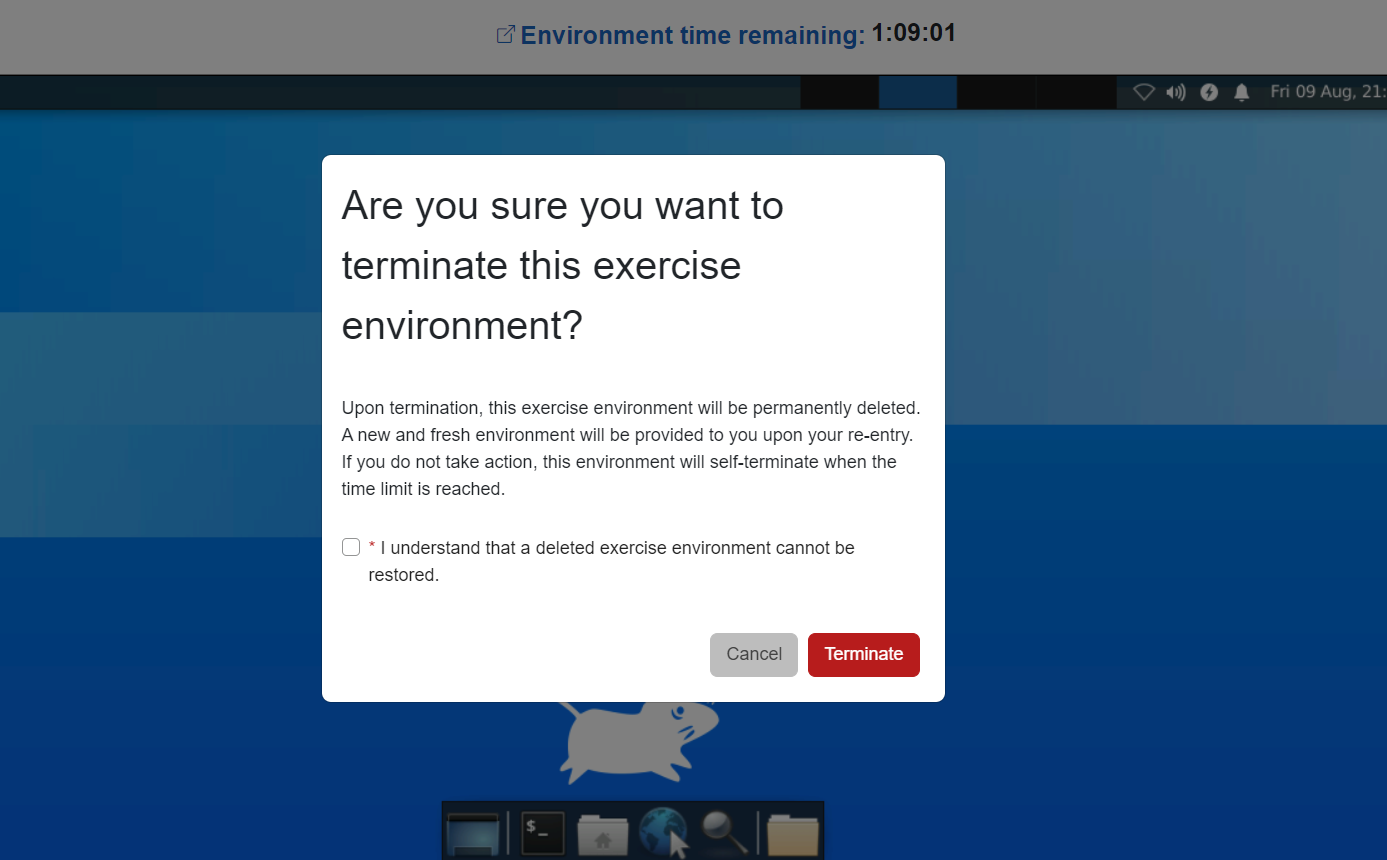 A dialog box is shown that asks if you want to terminate the exercise environment. A confirmation checkbox is under the text. The Cancel button is in the bottom right with the Terminate button to its right.