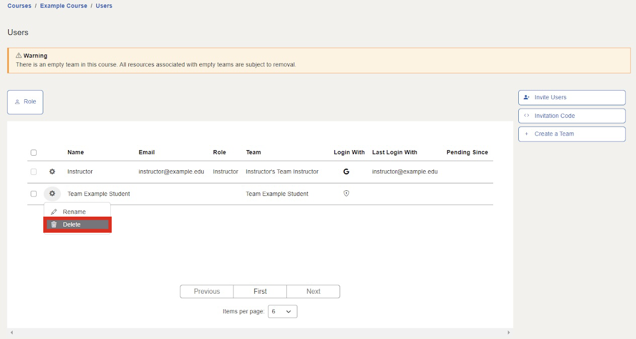 The Delete button is available upon clicking the gear icon located to the left of the user's display name.