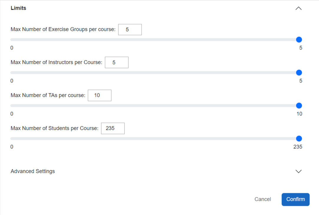 A form that displays sliders to adjust max number of exercise group per course, max number of instructors per course, max number of TAs per course, and max number of students per course.