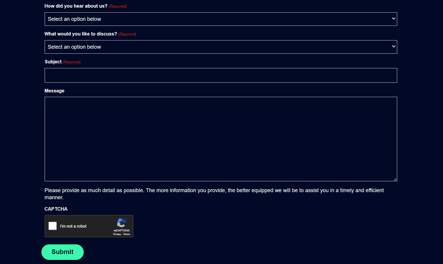 Form displaying fields for "How did you hear about us?, "What would you like to discuss?", "Subject", and "Message".