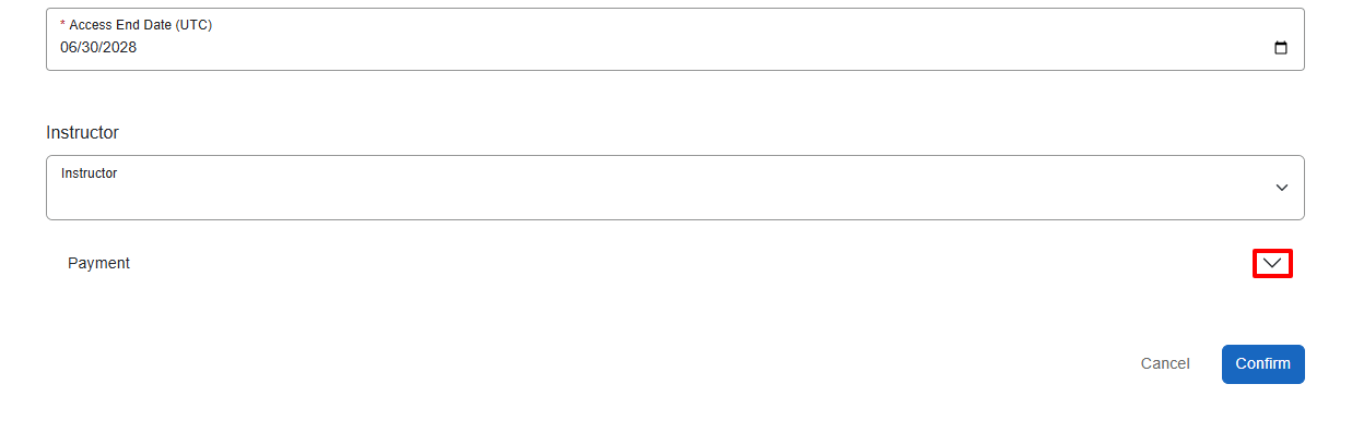 The Payment section is located directly below the "Instructor" section.