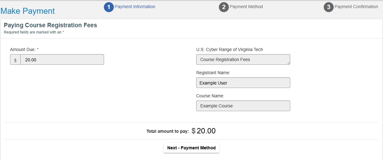 Next - Payment Method button is located below Total amount to pay