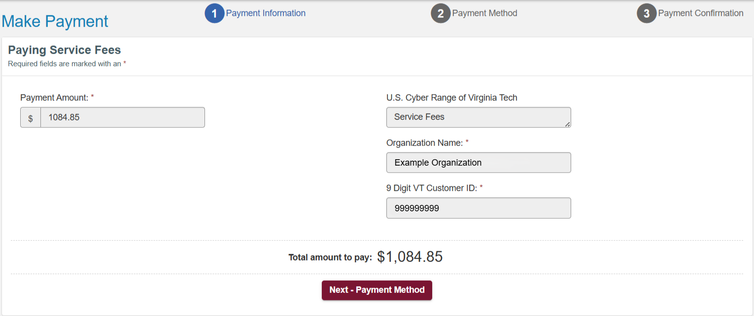 At the bottom of the Make a Payment window, there is a Next - Payment button located in the middle under Total amount to pay.