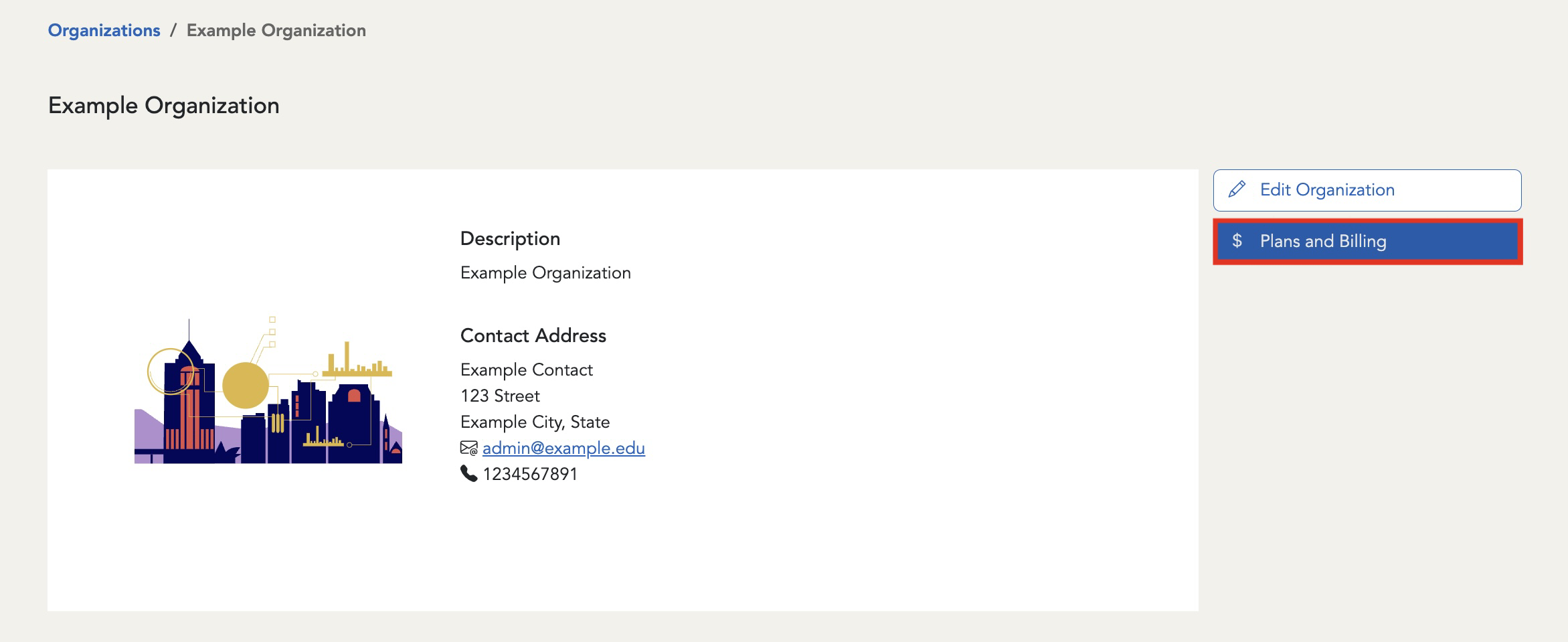 The Plans and Billing button is located on the right side of the screen, beneath the Edit Organization button.