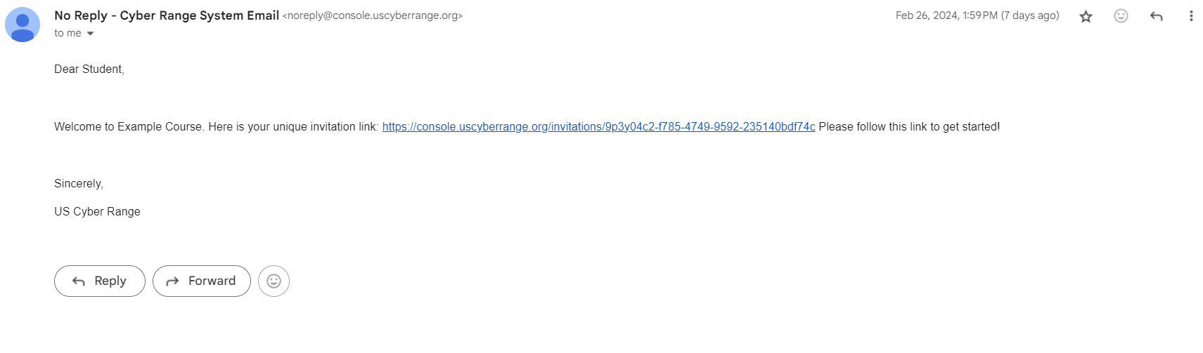 Screenshot depicting an email that includes an invitation link from the Cyber Range.