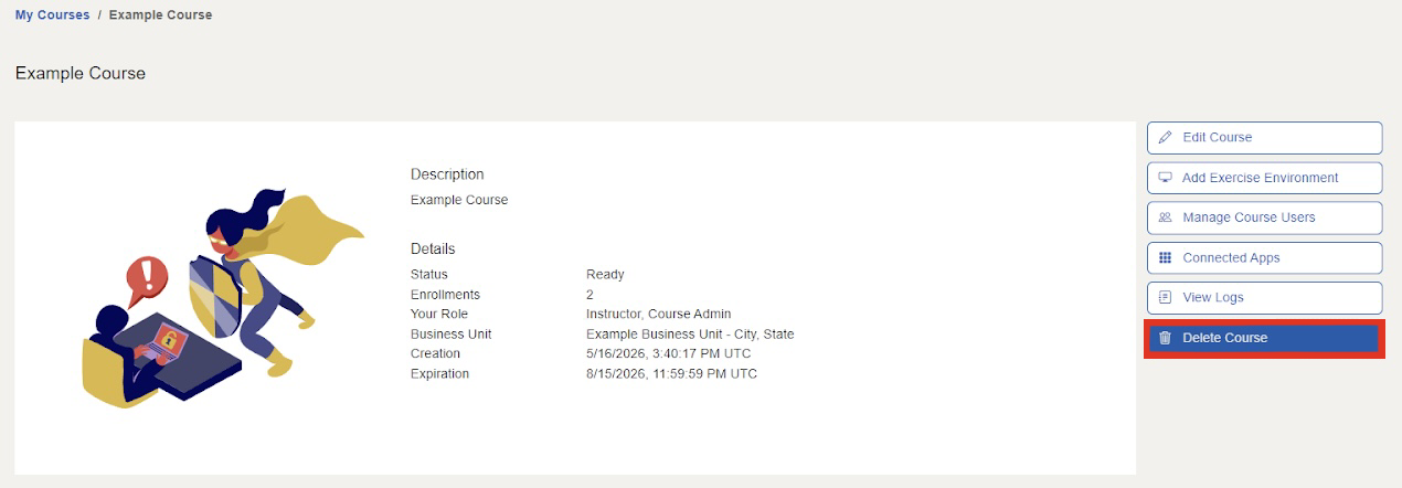 The Delete Course button is located on the right side of the page under the View Logs button.