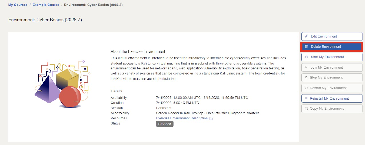 The Delete Environment button is located on the right side of the page under the Edit Environment button.