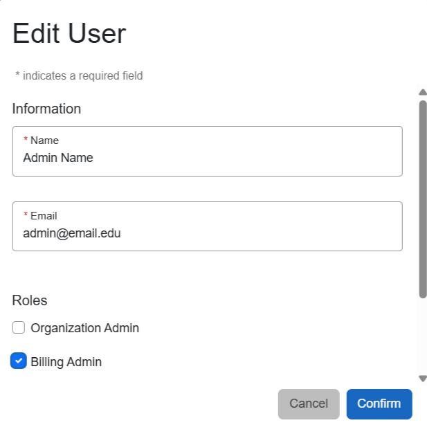 The Roles section is located under the Email section. The roles include organization admin, billing admin, course admin, instructor, student, and TA.