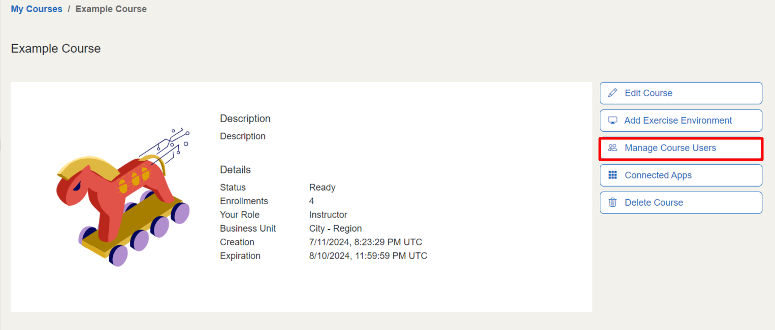 The "Manage Course Users" button is located in the course controls under the "Add Exercise Environment" button.